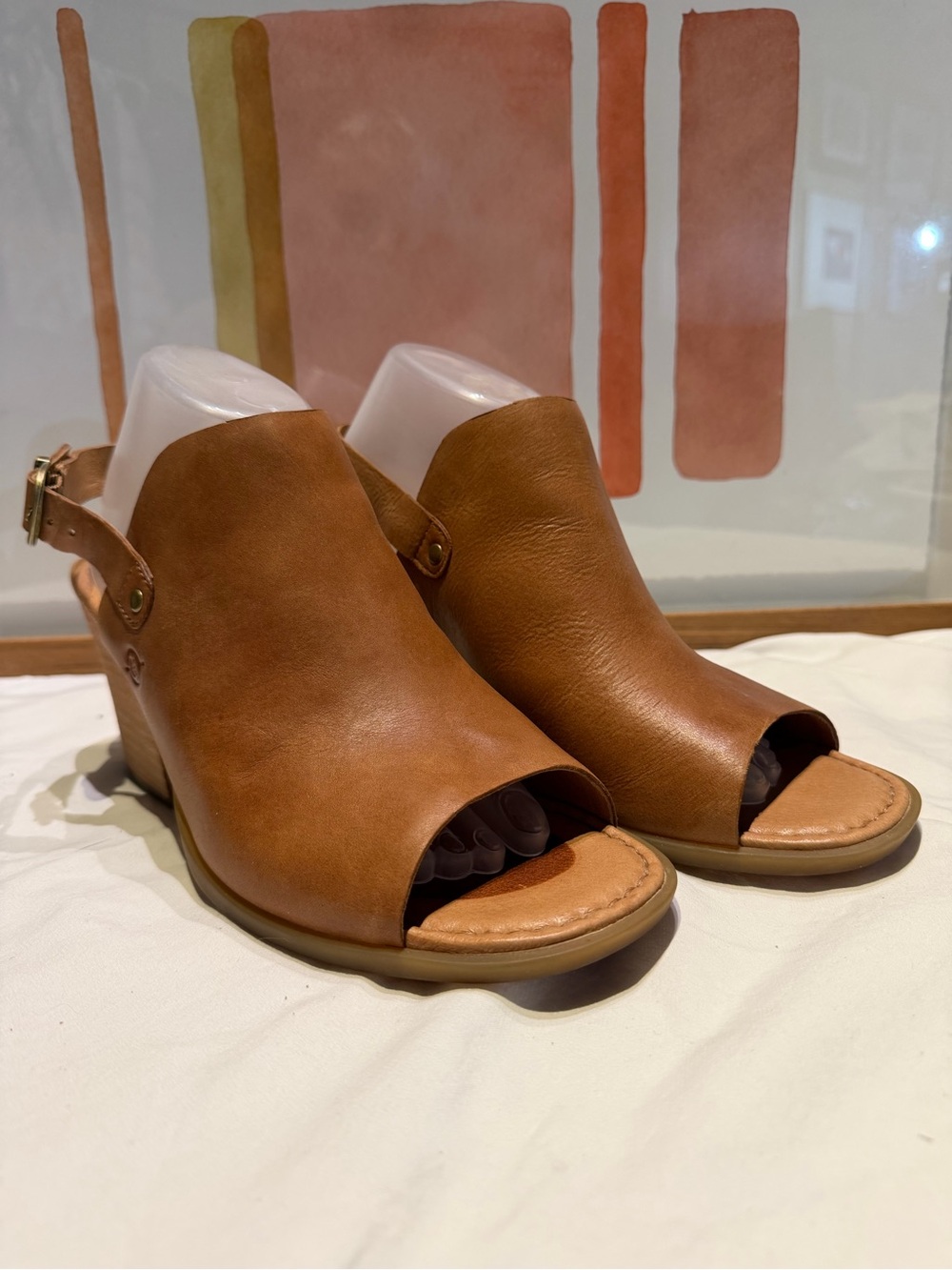 Born Cognac Leather Peep Toe Slingback Bootie Block Heel Sz 11 Handcrafted